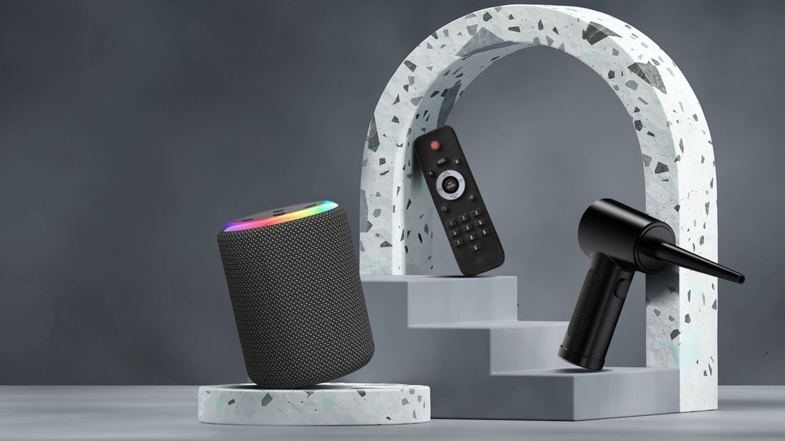 Top Vision Beam accessories for 2025 including Bluetooth speaker, air duster, and remote control on modern display