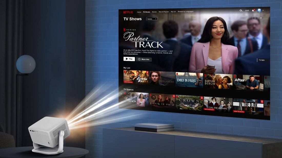 Vision Beam projector setup in a small apartment living room with minimalist decor