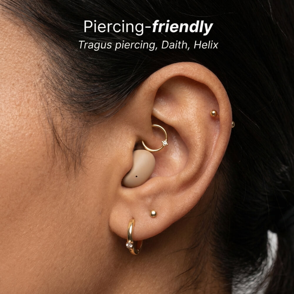 ViSound™ Air ultra-light earbuds in skin tones edition, displayed in a close-up of an ear with piercings.