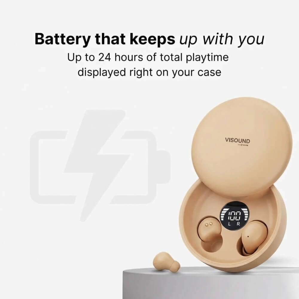 ViSound™ Air earbuds in skin tones edition with charging case, displaying battery life indicator and sleek design.