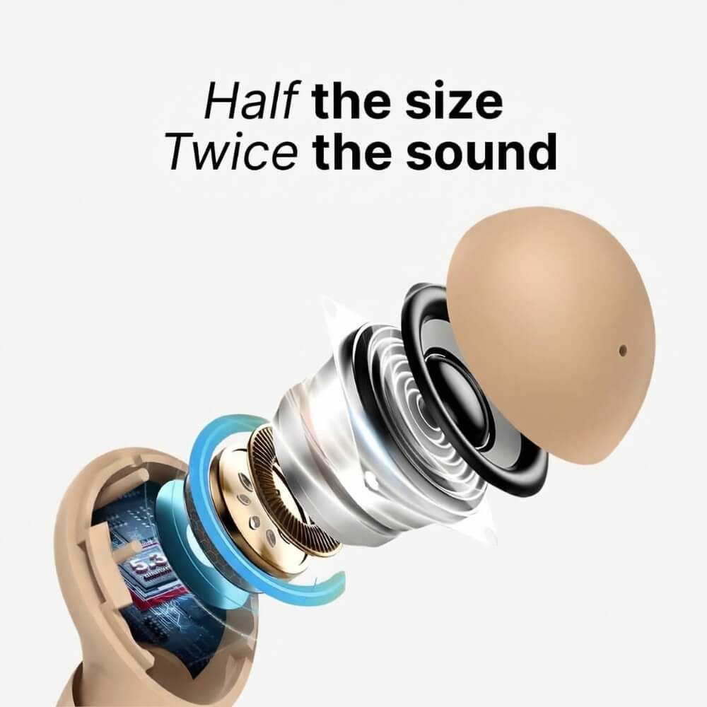 ViSound™ Air ultra-light earbuds in skin tones edition, showcasing internal components and sound technology.