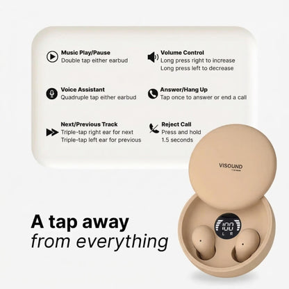ViSound™ Air ultra-light earbuds in skin tones edition with charging case and touch control instructions displayed.