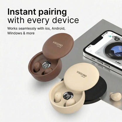 ViSound™ Air ultra-light earbuds in skin tones edition, displayed in a charging case with digital battery indicator.