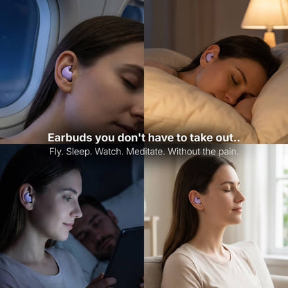 Digital composite of a woman comfortably wearing small purple earbuds across four scenes: flying in an airplane, sleeping soundly in a bed, engaging with a tablet at night, and meditating on a living room couch