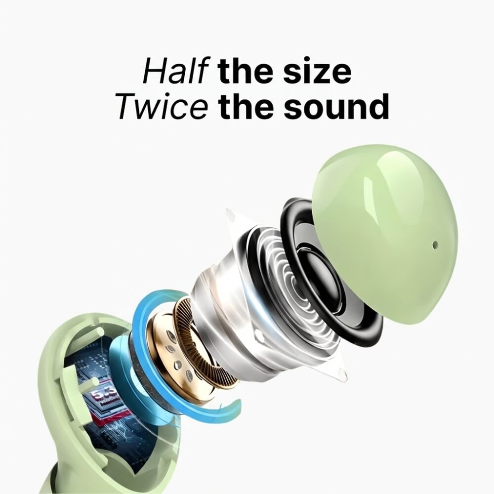 Digital illustration of a light green earbud presented in an exploded view, revealing its internal speaker, a blue accent ring, a golden component, and a circuit board marked 5.3, with overlaid text 'Half the size Twice the sound'