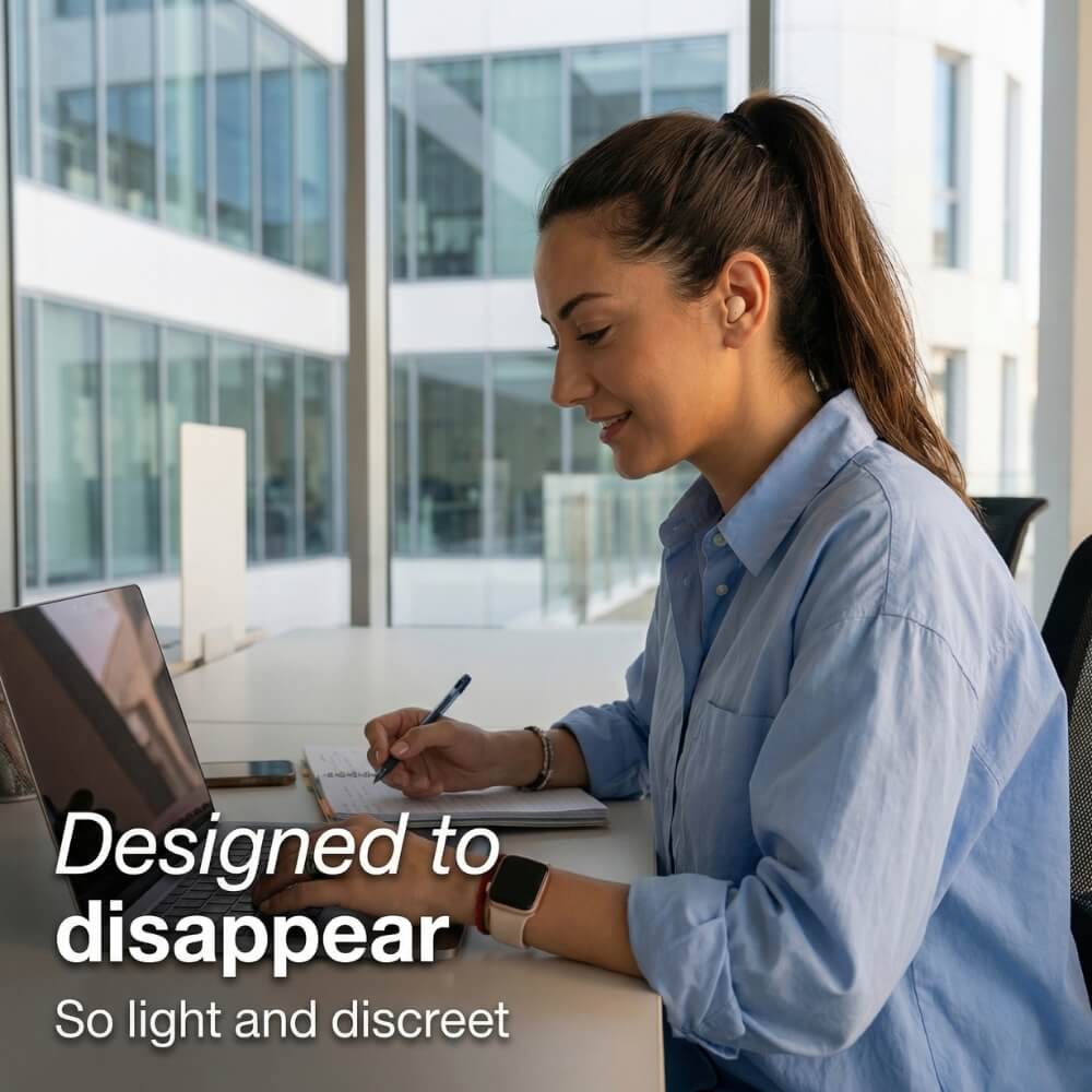ViSound™ Air ultra-light earbuds in skin tones edition on a desk, with a woman writing beside a laptop.