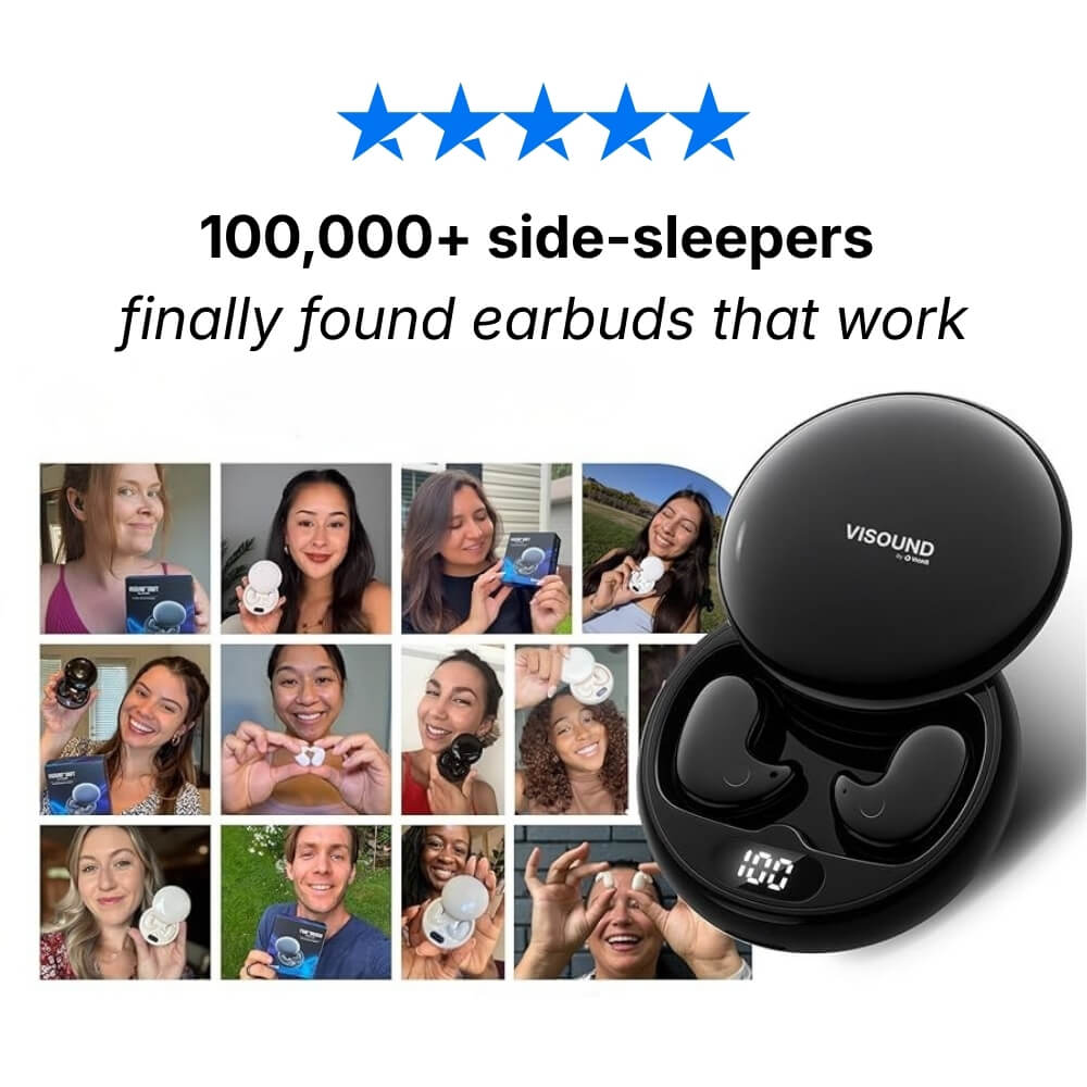 Digital advertisement shows a grid of twelve diverse smiling people holding black or white Visound earbuds or their blue packaging, alongside a large open black Visound earbud charging case displaying "100" charge and the earbuds, all beneath a five-star rating and the headline "100,000+ side-sleepers finally found earbuds that work"