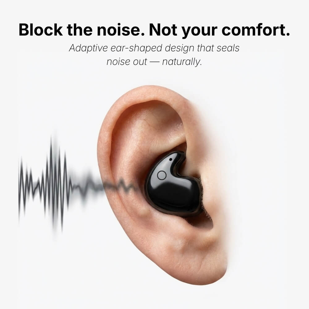 Digital image of a human ear featuring a black adaptive earbud inserted into the ear canal, with a gray sound wave fading before reaching the ear, illustrating noise blocking technology