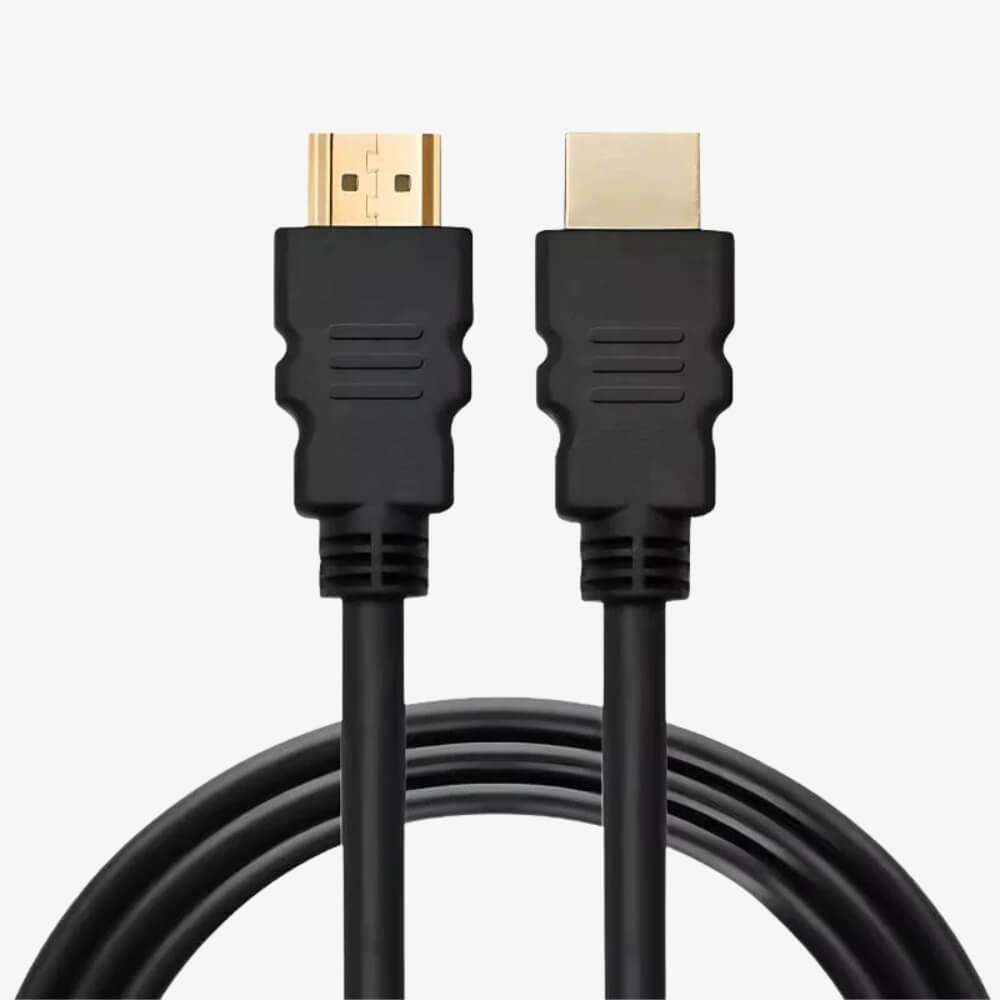 Two black HDMI cables featuring gold-plated connectors and a coiled section displayed against a crisp white background