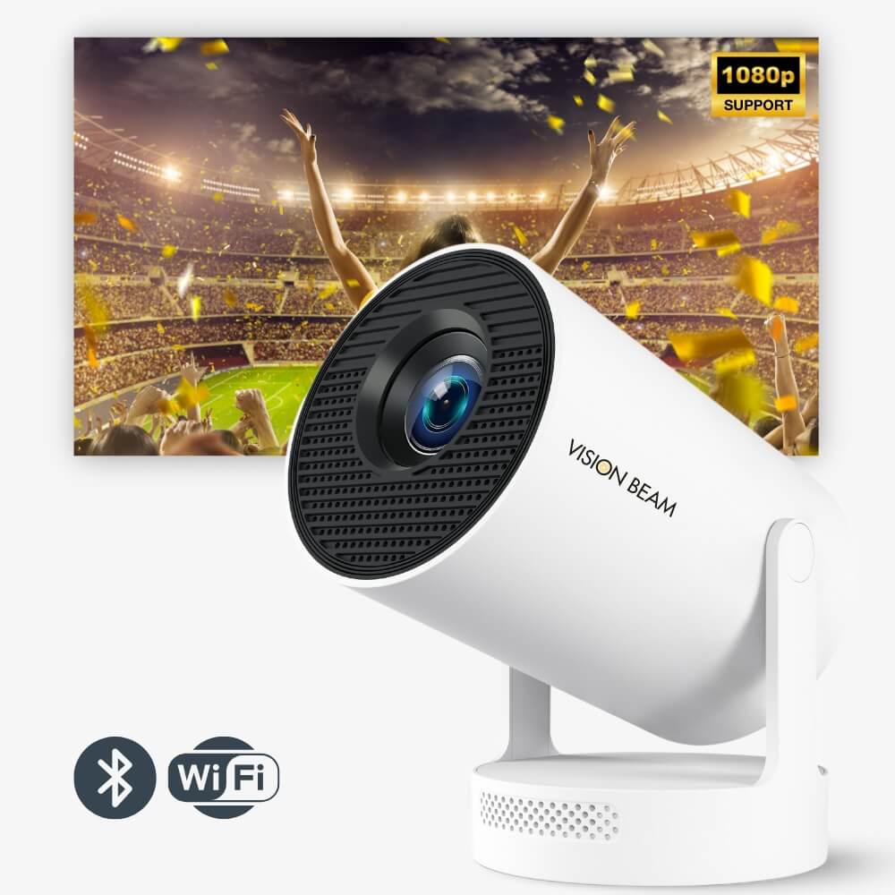 A white cylindrical Vision Beam projector displaying a vibrant stadium scene with a cheering crowd and falling golden confetti, prominently featuring 1080p support and Wi-Fi Bluetooth icons
